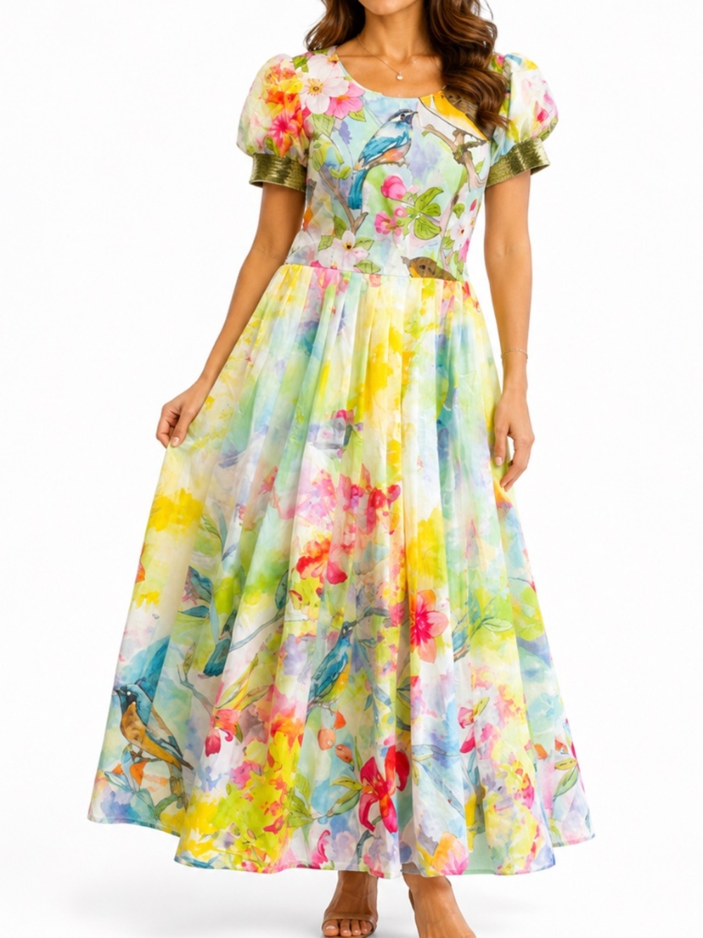 Handmade Silk Bird Floral Watercolor Print Maxi Dress Puff Sleeve Cottagecore M